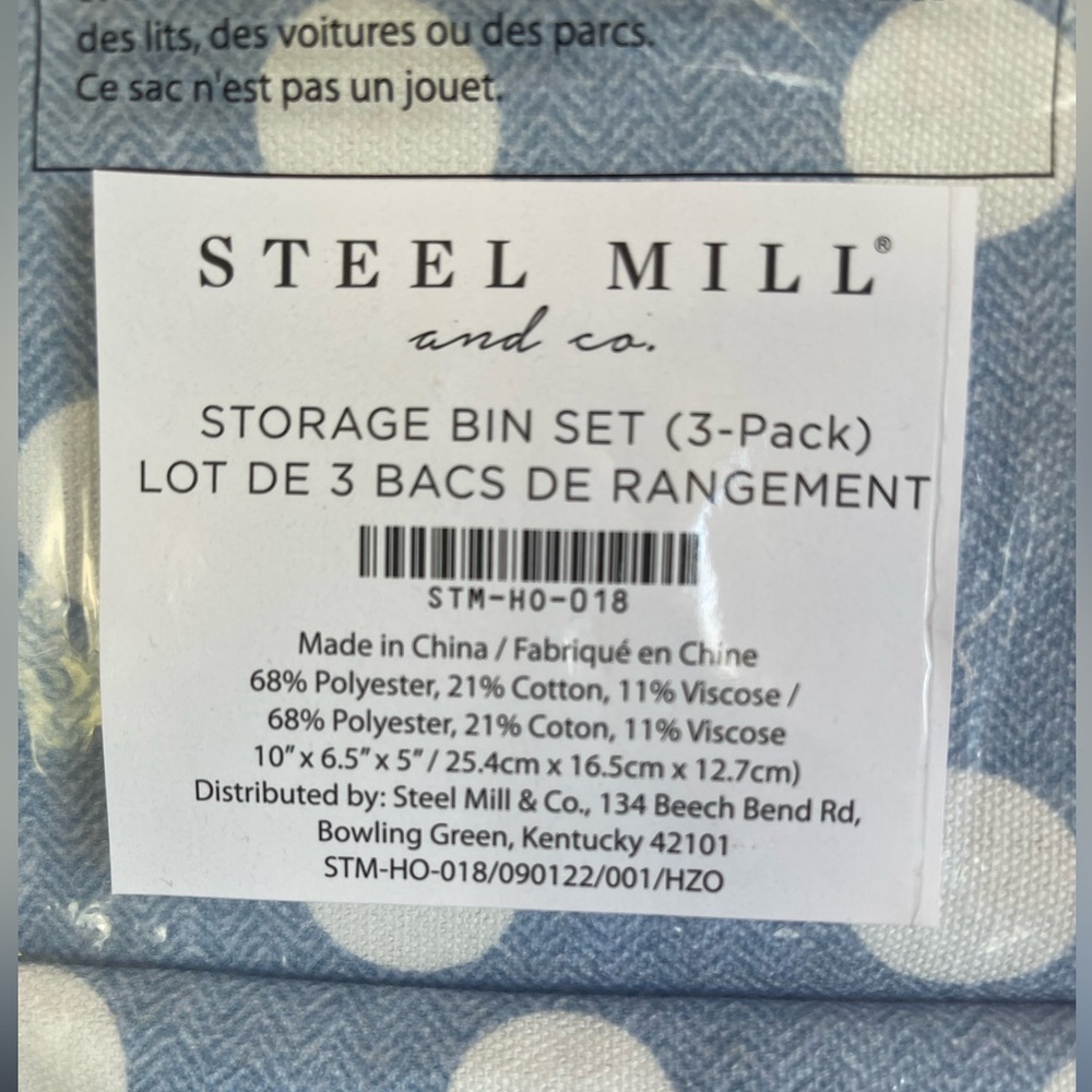 NWT STEEL MILL & CO. Storage Bin Set of 3,  Blue And White Polka Dot - Picture 3 of 4